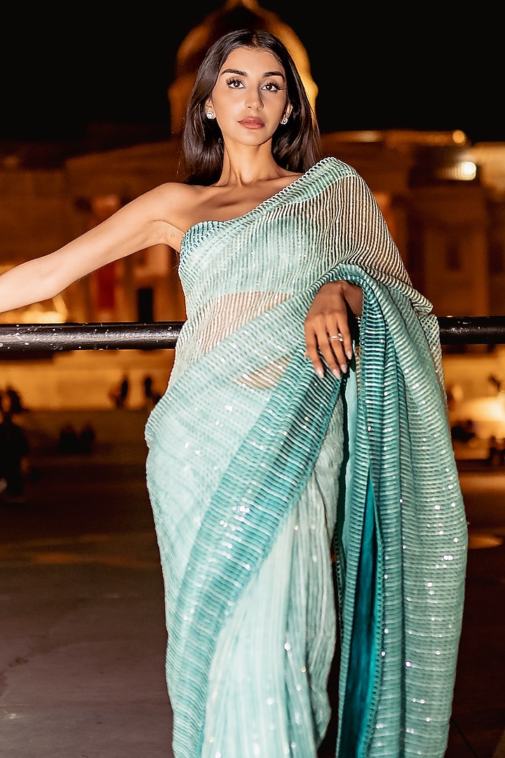 Sea Green Ombre Handloom Organza Reception Saree Set by Sawan Gandhi at Pernia's Pop Up Shop