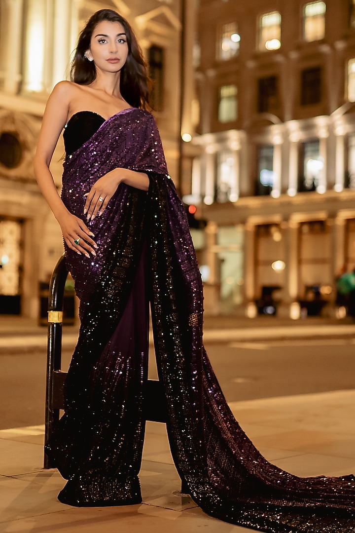 Royal Purple & Black Ombre Georgette Sequins Saree Set by Sawan Gandhi