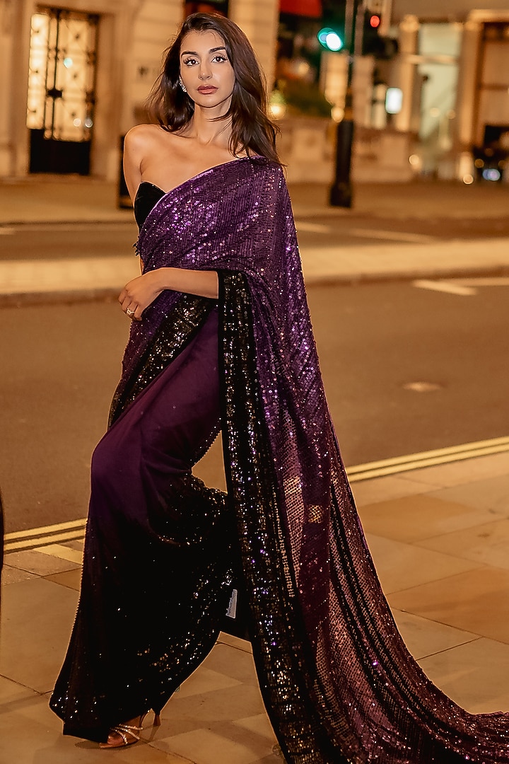 Royal Purple & Black Ombre Georgette Sequins Bridal Saree Set by Sawan Gandhi at Pernia's Pop Up Shop