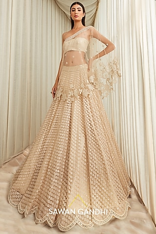 Almond Beige Net Embroidered Lehenga Set by Sawan Gandhi