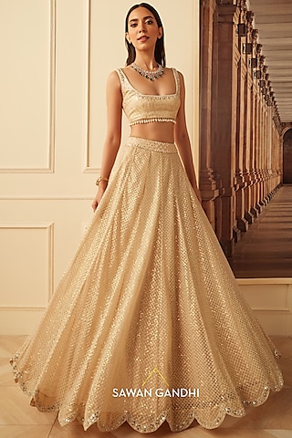 Gold Georgette Embroidered Lehenga Set by Sawan Gandhi