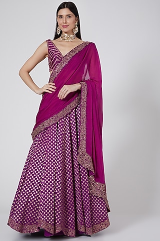 Wine Embroidered Lehenga Set by Sawan Gandhi