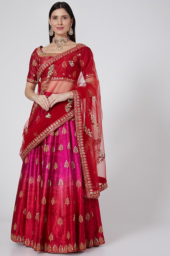 Pink To Red Ombre Embroidered Lehenga Set by Sawan Gandhi