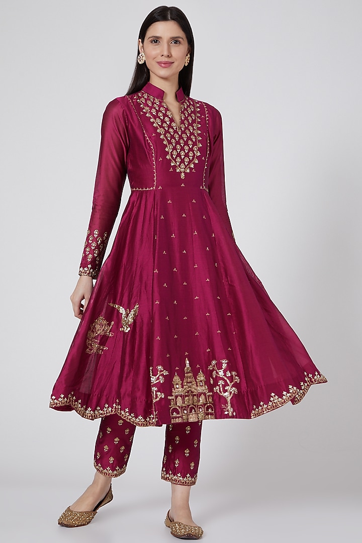 Wine Embroidered Short Anarkali Set Design by Sawan Gandhi at Pernia's ...