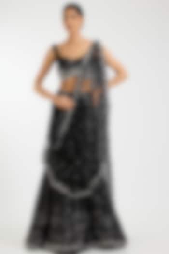 Black Net Sequins Embellished Fish-Cut Draped Bridal Saree Set by Sawan Gandhi at Pernia's Pop Up Shop