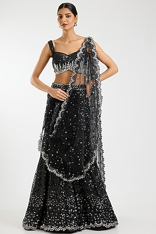 Black Net Sequins Embellished Fish-Cut Draped Saree Set by Sawan Gandhi