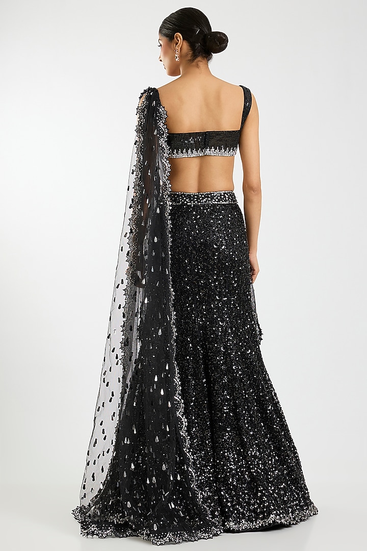 Black Net Sequins Embellished Fish-Cut Draped Bridal Saree Set by Sawan Gandhi at Pernia's Pop Up Shop