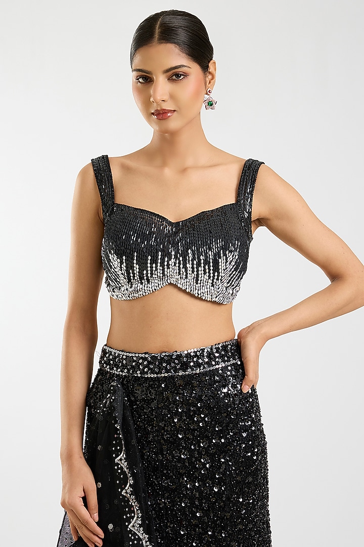 Black Net Sequins Embellished Fish-Cut Draped Bridal Saree Set by Sawan Gandhi at Pernia's Pop Up Shop