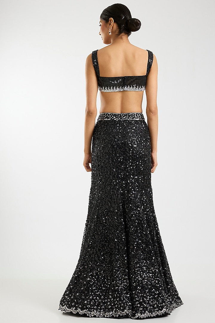 Black Net Sequins Embellished Fish-Cut Draped Bridal Saree Set by Sawan Gandhi at Pernia's Pop Up Shop