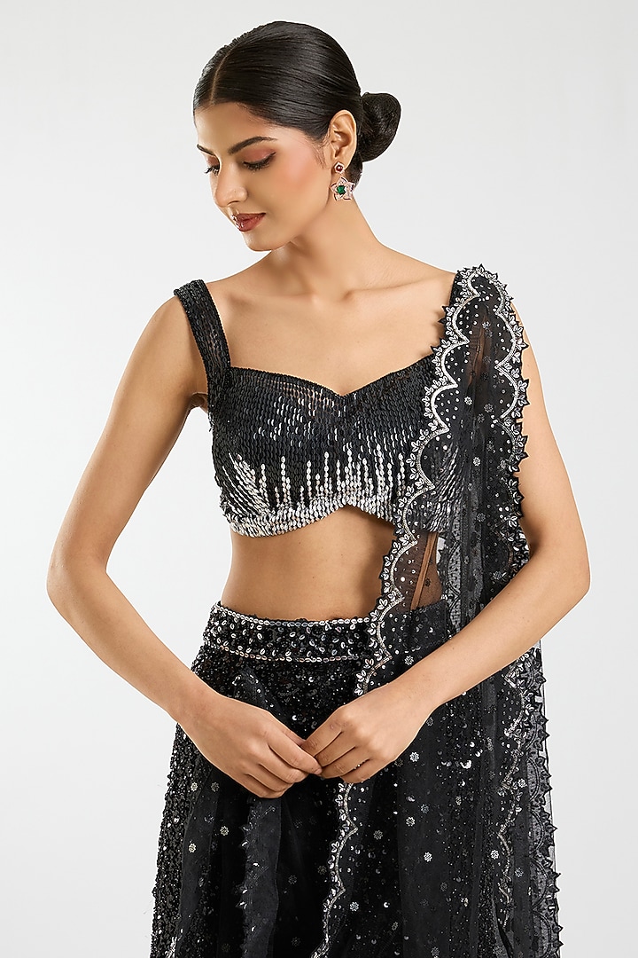 Black Net Sequins Embellished Fish-Cut Draped Bridal Saree Set by Sawan Gandhi at Pernia's Pop Up Shop