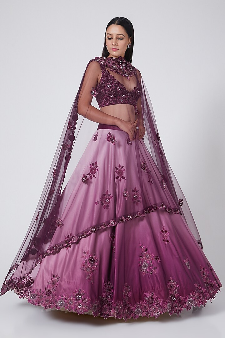 Wine Ombre Embroidered Lehenga Set by Sawan Gandhi