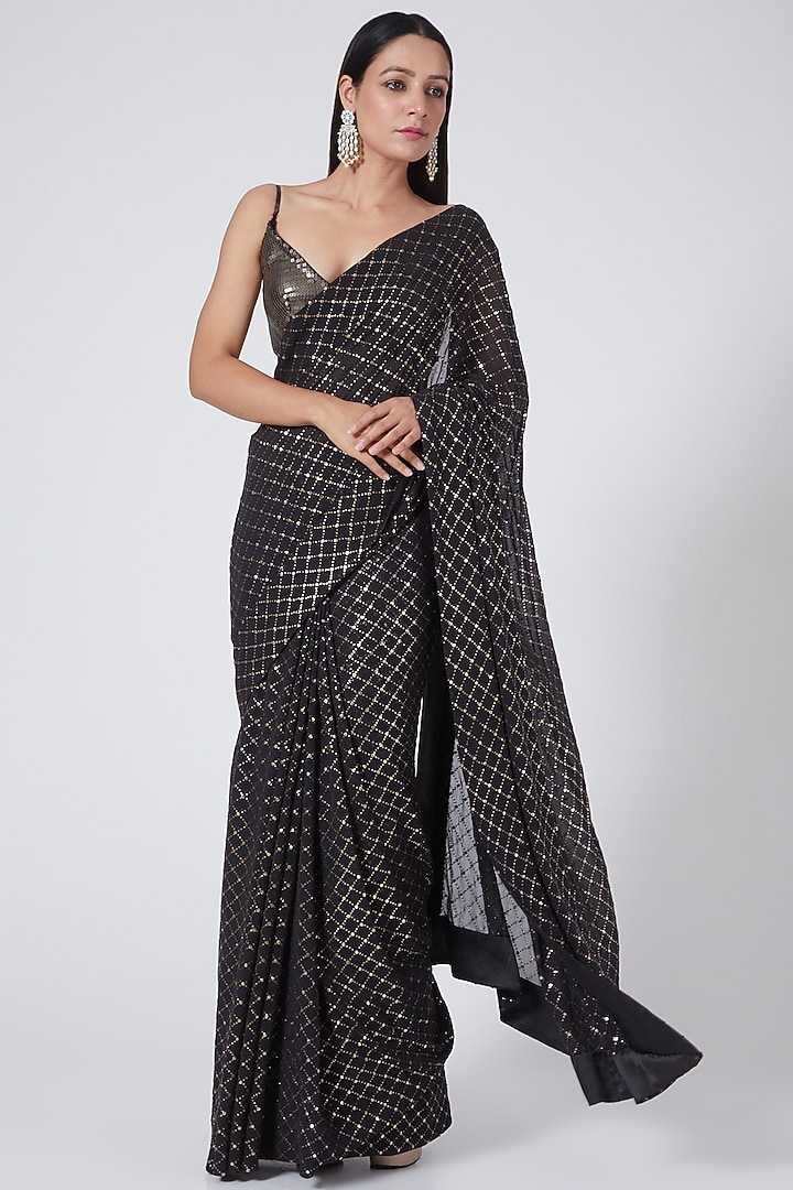 Black Mukaish Embroidered Reception Saree Set by Sawan Gandhi at Pernia's Pop Up Shop