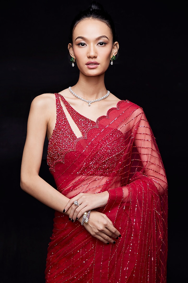 Red Net Crystal Work Reception Saree Set by Sawan Gandhi at Pernia's Pop Up Shop