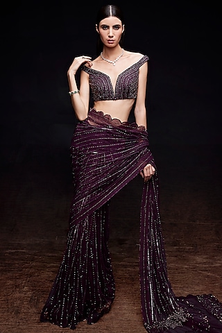 Wine Net Crystal Work Saree Set by Sawan Gandhi