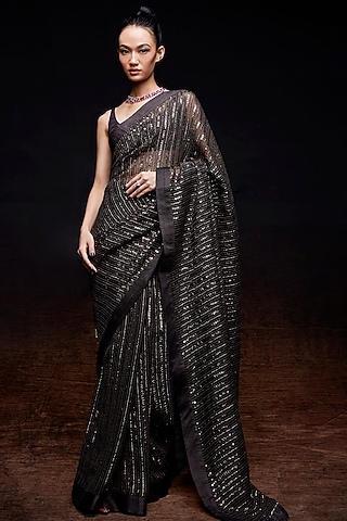 Coffee Brown Net Sequins Embroidered Saree Set by Sawan Gandhi