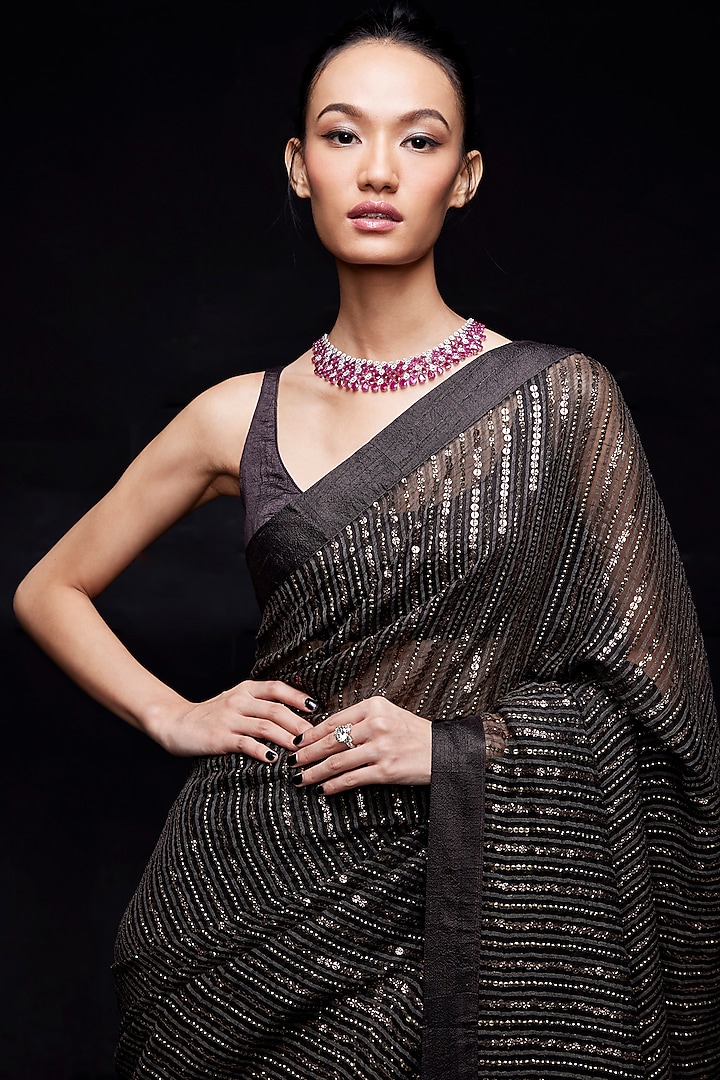 Coffee Brown Net Sequins Embroidered Reception Saree Set by Sawan Gandhi at Pernia's Pop Up Shop