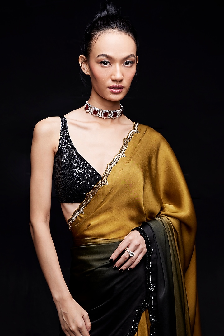 Mustard & Black Embroidered Wedding Saree Set by Sawan Gandhi at Pernia's Pop Up Shop