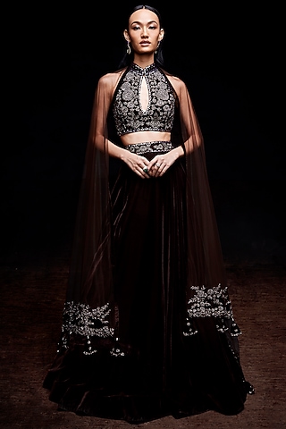 Brown Velvet Cutdana Embroidered Lehenga Set by Sawan Gandhi