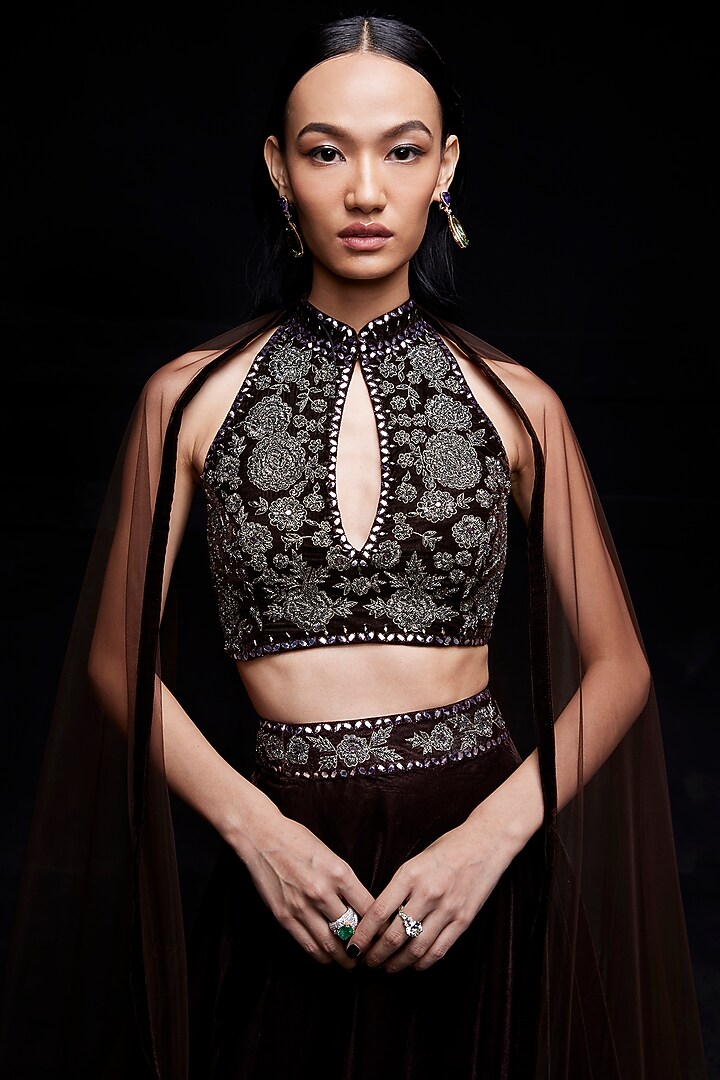 Brown Velvet Cutdana Embroidered Wedding Lehenga Set by Sawan Gandhi at Pernia's Pop Up Shop
