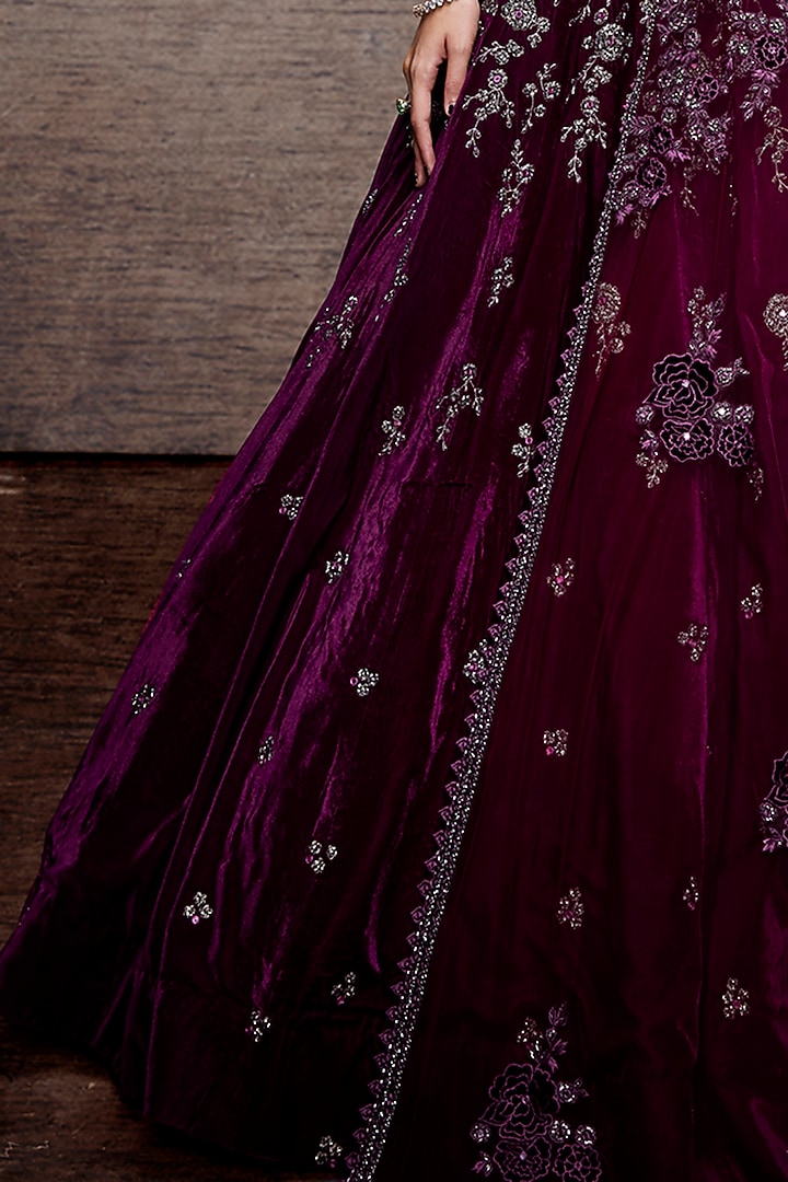 Wine Velvet Cutdana Embroidered Bridal Lehenga Set by Sawan Gandhi at Pernia's Pop Up Shop