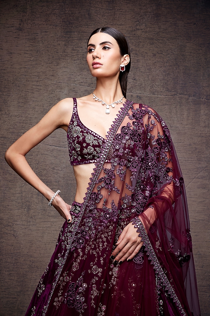 Wine Velvet Cutdana Embroidered Bridal Lehenga Set by Sawan Gandhi at Pernia's Pop Up Shop
