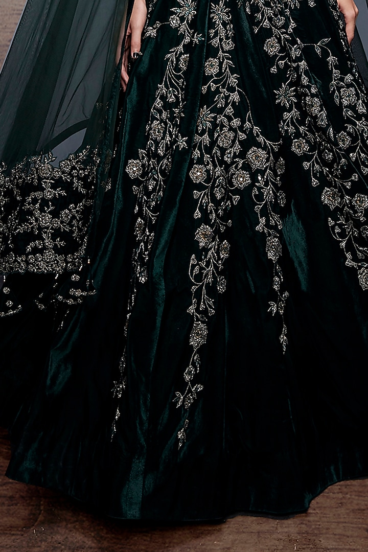 Bottle Green Velvet Cutdana Embroidered Bridal Lehenga Set by Sawan Gandhi at Pernia's Pop Up Shop