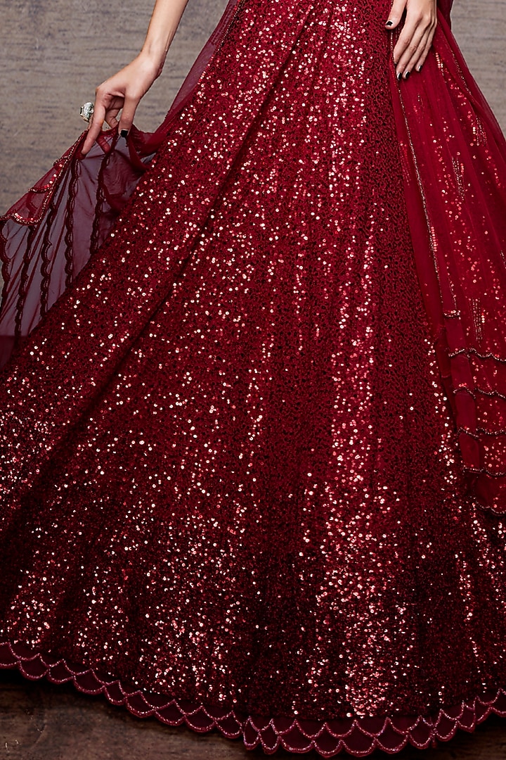 Red Sequins Cutdana Embroidered Bridal Lehenga Set by Sawan Gandhi at Pernia's Pop Up Shop