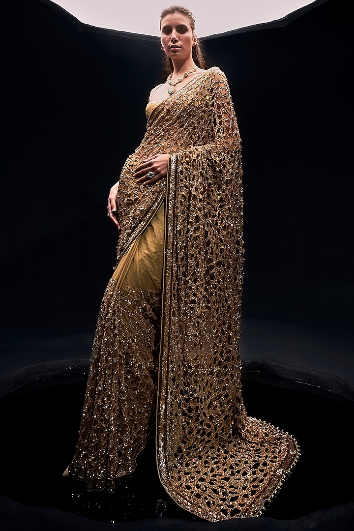 Gold Georgette Sequins Saree Set by Sawan Gandhi