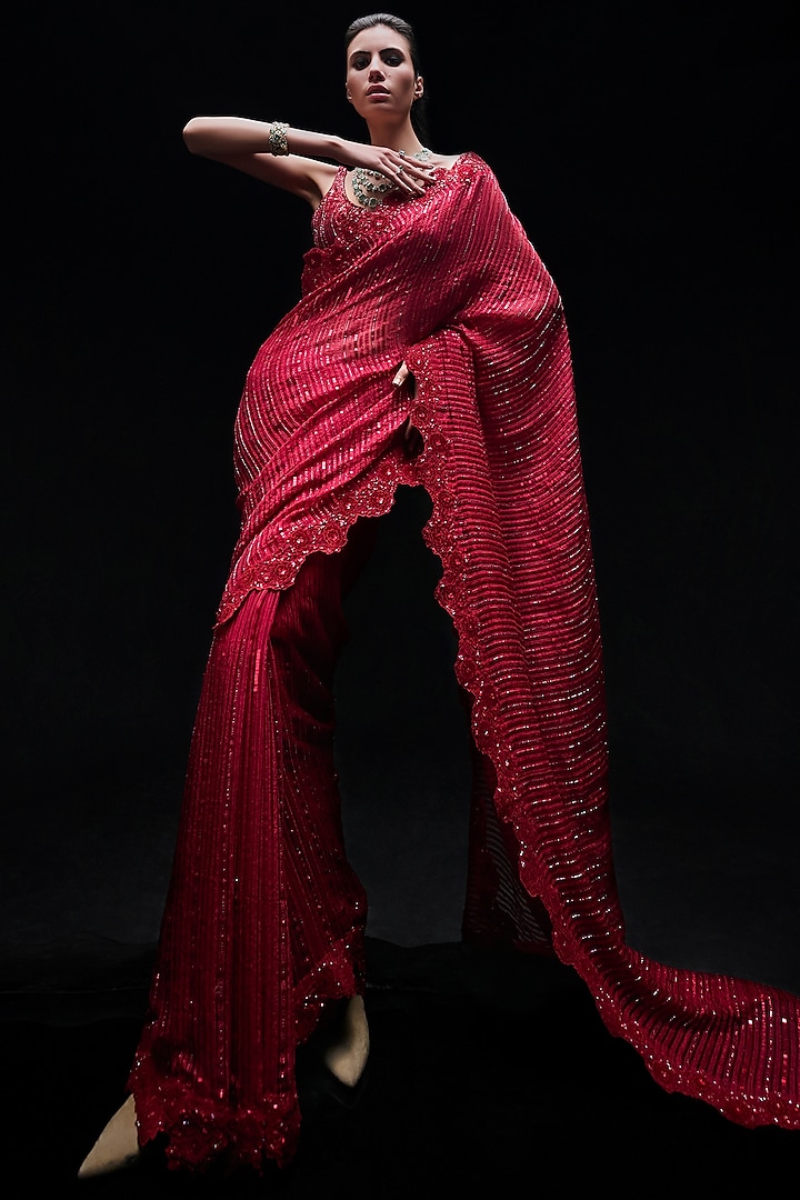 Red Organza Sequins Saree Set by Sawan Gandhi