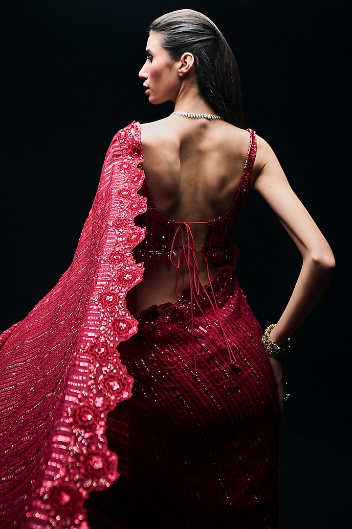 Red Organza Sequins Bridal Saree Set by Sawan Gandhi at Pernia's Pop Up Shop
