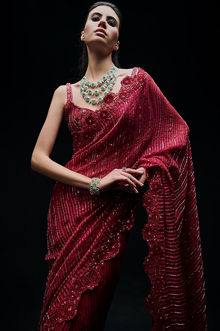 Red Organza Sequins Bridal Saree Set by Sawan Gandhi at Pernia's Pop Up Shop