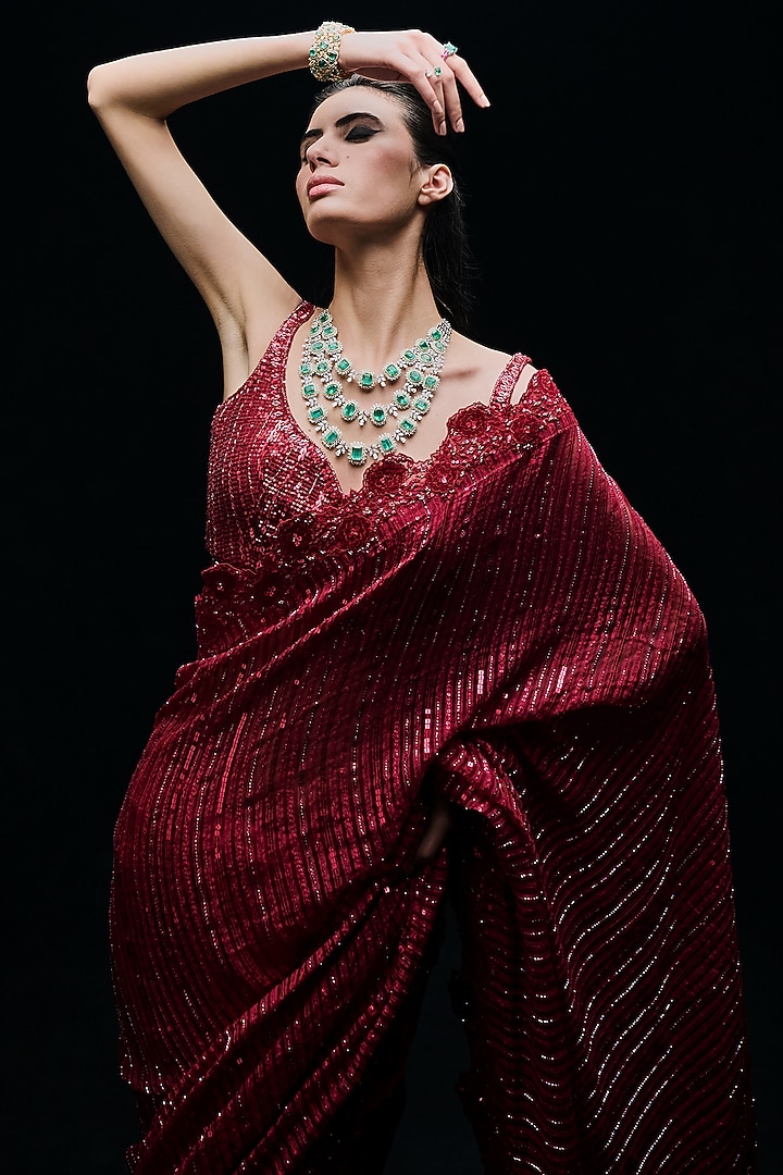 Red Organza Sequins Bridal Saree Set by Sawan Gandhi at Pernia's Pop Up Shop