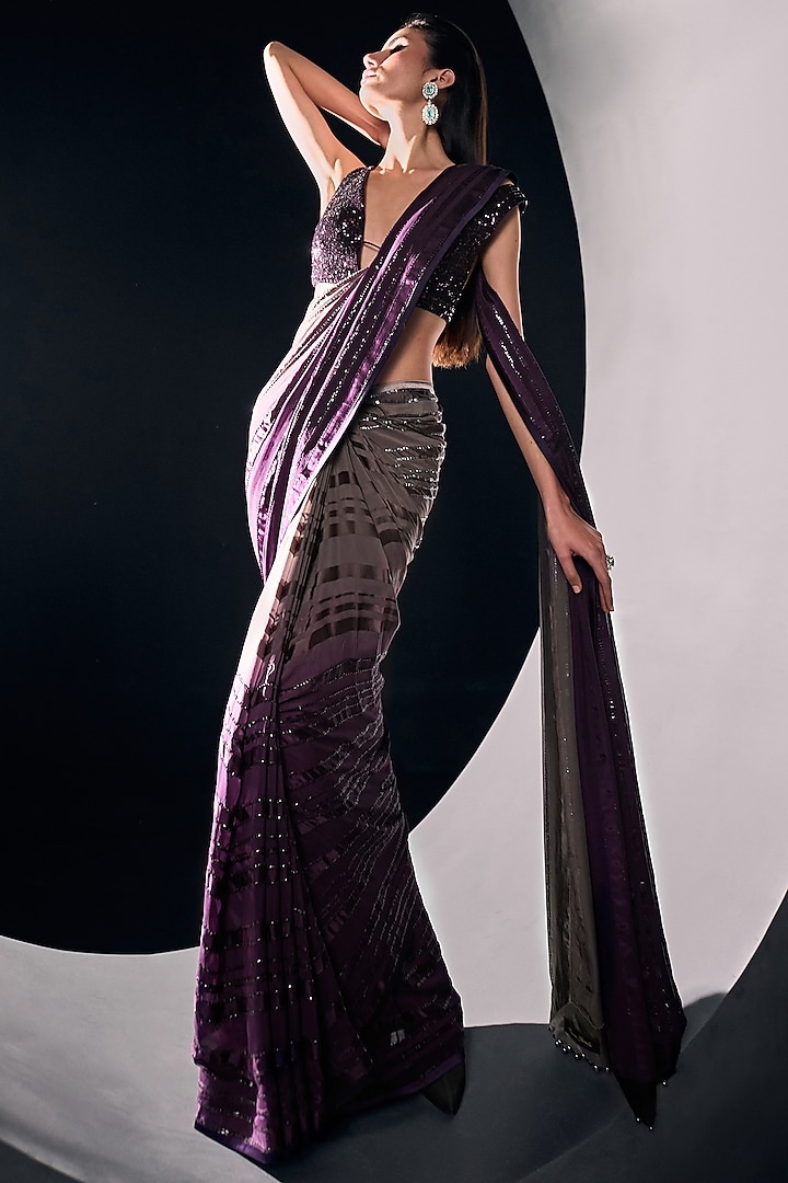 Purple Satin Sequins Ombre Saree Set by Sawan Gandhi