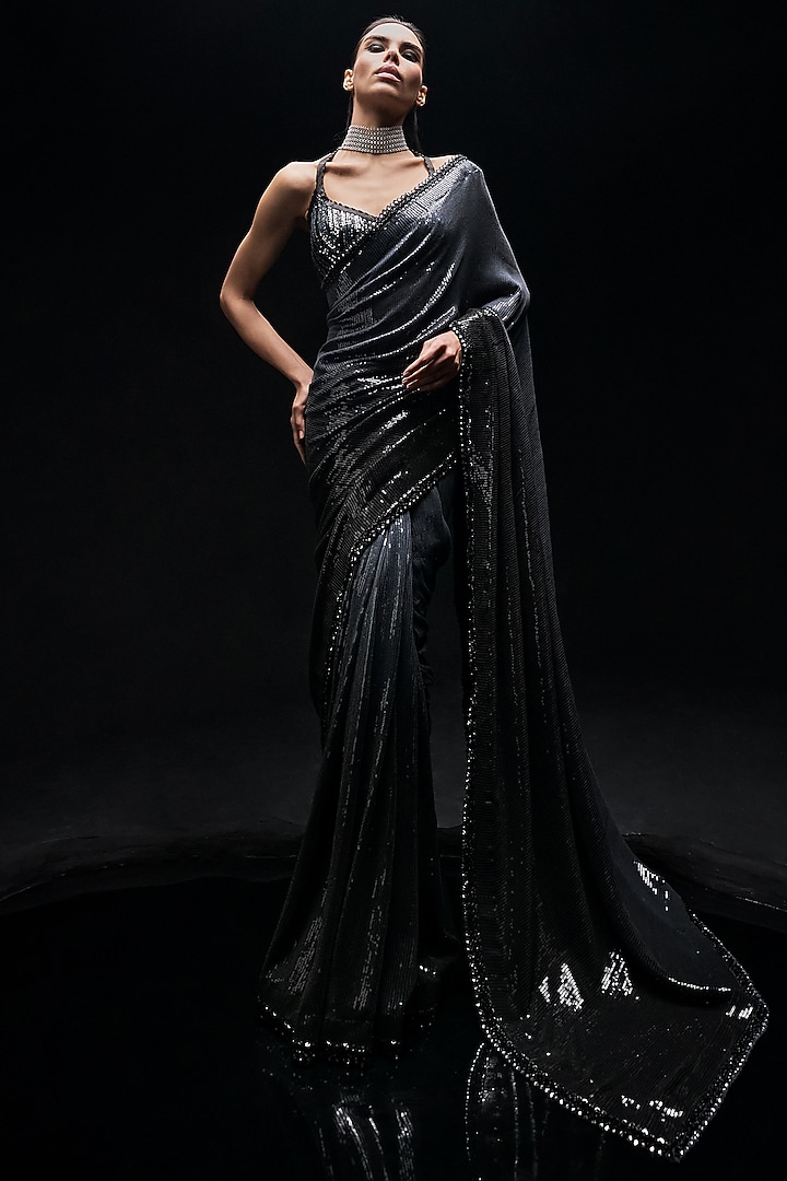 Black & Grey Georgette Sequins Ombre Reception Saree Set by Sawan Gandhi at Pernia's Pop Up Shop