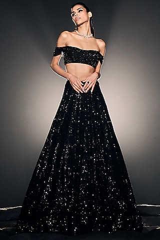 Black Georgette Sequins Lehenga Set by Sawan Gandhi