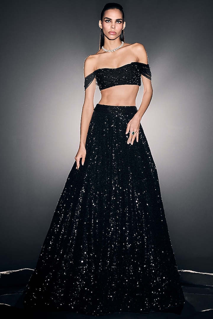 Black Georgette Sequins Bridal Lehenga Set by Sawan Gandhi at Pernia's Pop Up Shop