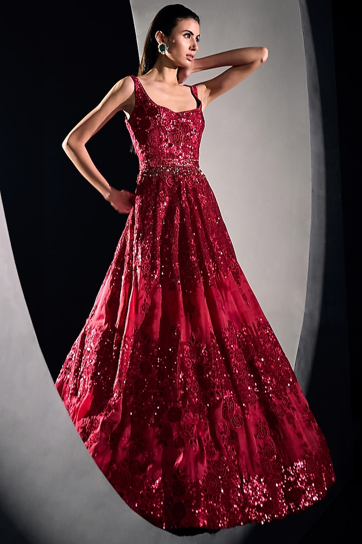 Red Organza Sequins Embroidered Gown by Sawan Gandhi