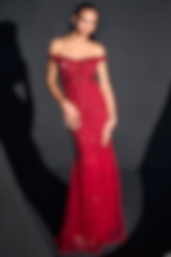 Red Net Crystal Off-Shoulder Gown by Sawan Gandhi at Pernia's Pop Up Shop