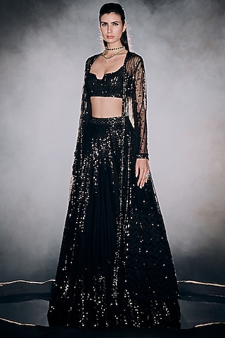 Black Georgette Sequins Jacket Lehenga Set by Sawan Gandhi