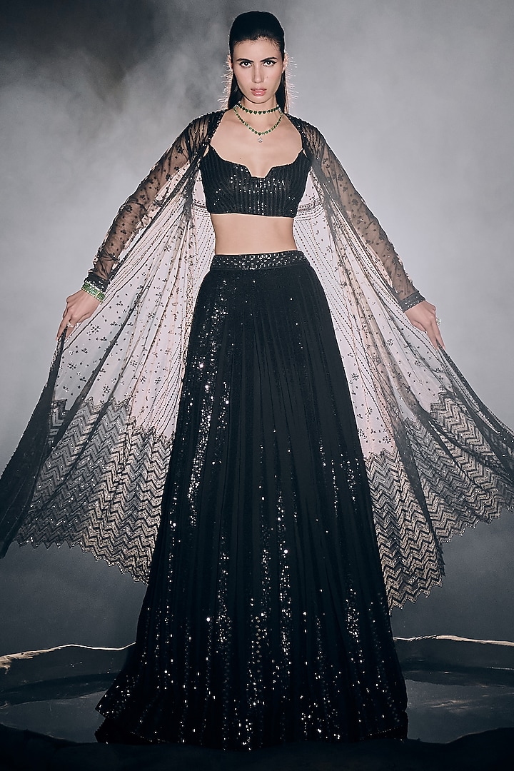 Black Georgette Sequins Jacket Bridal Lehenga Set by Sawan Gandhi at Pernia's Pop Up Shop