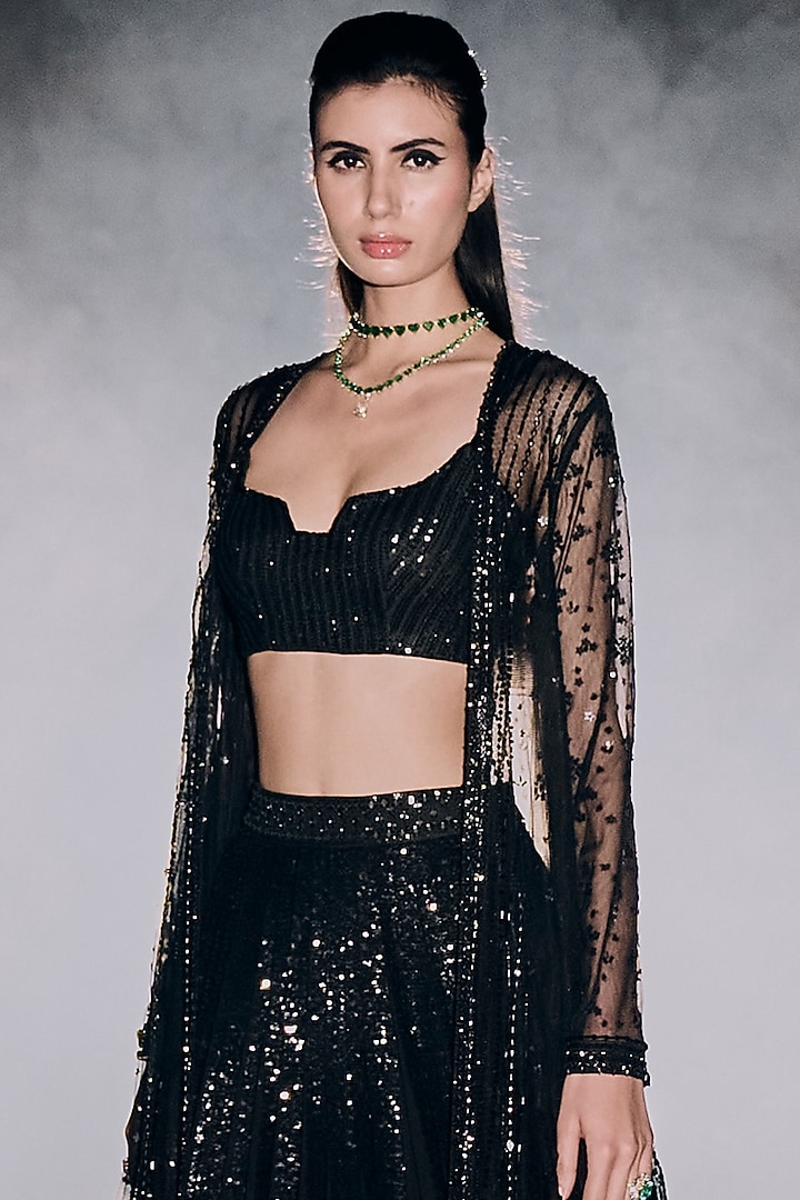 Black Georgette Sequins Jacket Bridal Lehenga Set by Sawan Gandhi at Pernia's Pop Up Shop