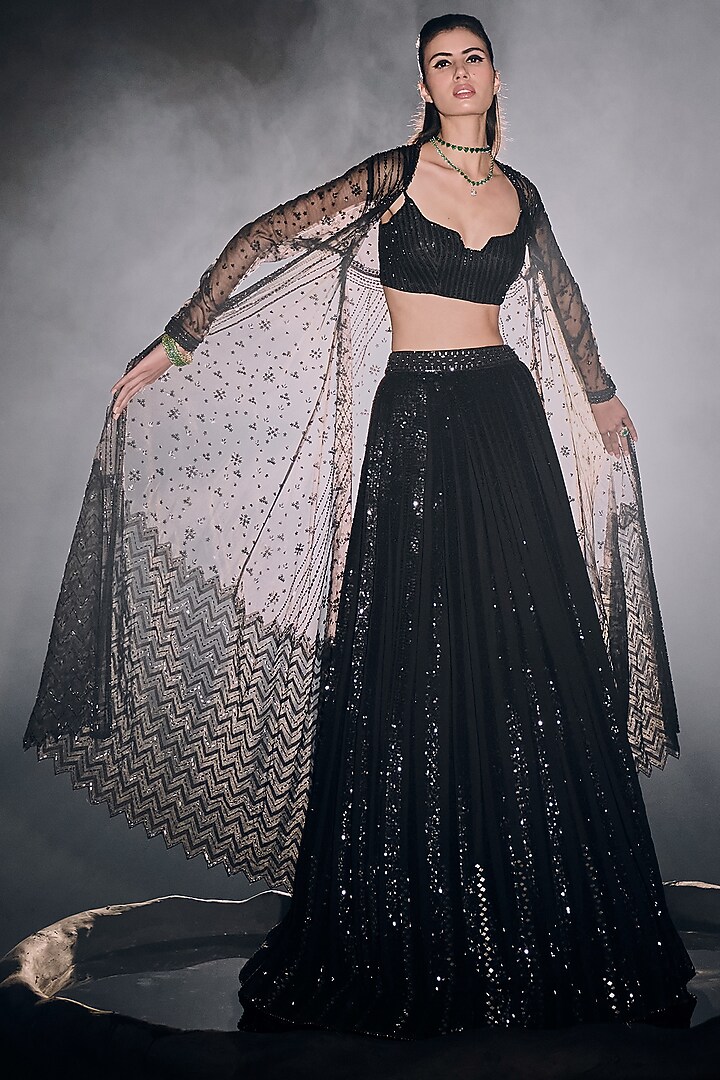 Black Georgette Sequins Jacket Bridal Lehenga Set by Sawan Gandhi at Pernia's Pop Up Shop