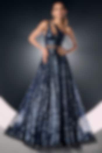 Blue Georgette Sequins One-Shoulder Wedding Gown by Sawan Gandhi at Pernia's Pop Up Shop