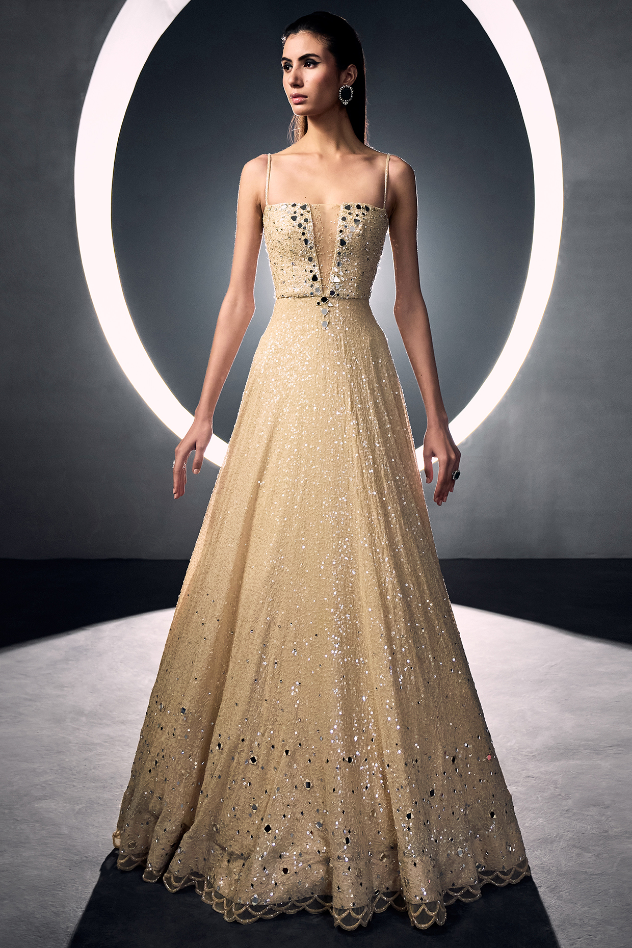 Beige Georgette Sequins Gown by Sawan Gandhi