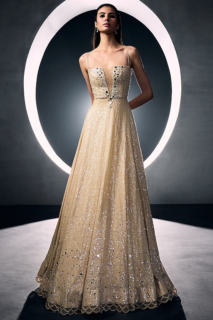 Beige Georgette Sequins Wedding Gown by Sawan Gandhi at Pernia's Pop Up Shop