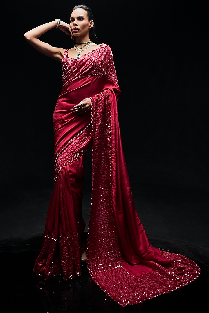 Red Dupion Silk Embroidered Reception Saree Set by Sawan Gandhi at Pernia's Pop Up Shop