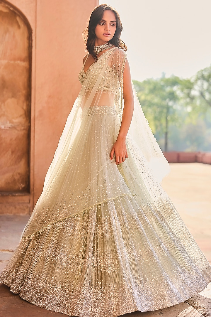 Pastel Green Net Sequins Embroidered Bridal Lehenga Set by Sawan Gandhi at Pernia's Pop Up Shop