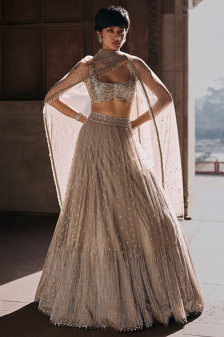 Grey Net Cutdana & Mirror Work Bridal Lehenga Set by Sawan Gandhi at Pernia's Pop Up Shop