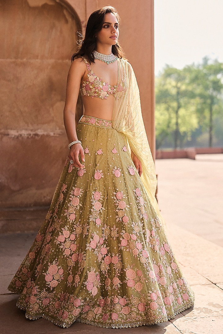 Pista Green Net Floral Applique Embroidered Bridal Lehenga Set by Sawan Gandhi at Pernia's Pop Up Shop