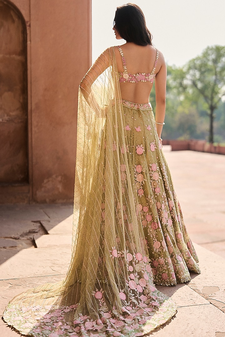 Pista Green Net Floral Applique Embroidered Bridal Lehenga Set by Sawan Gandhi at Pernia's Pop Up Shop